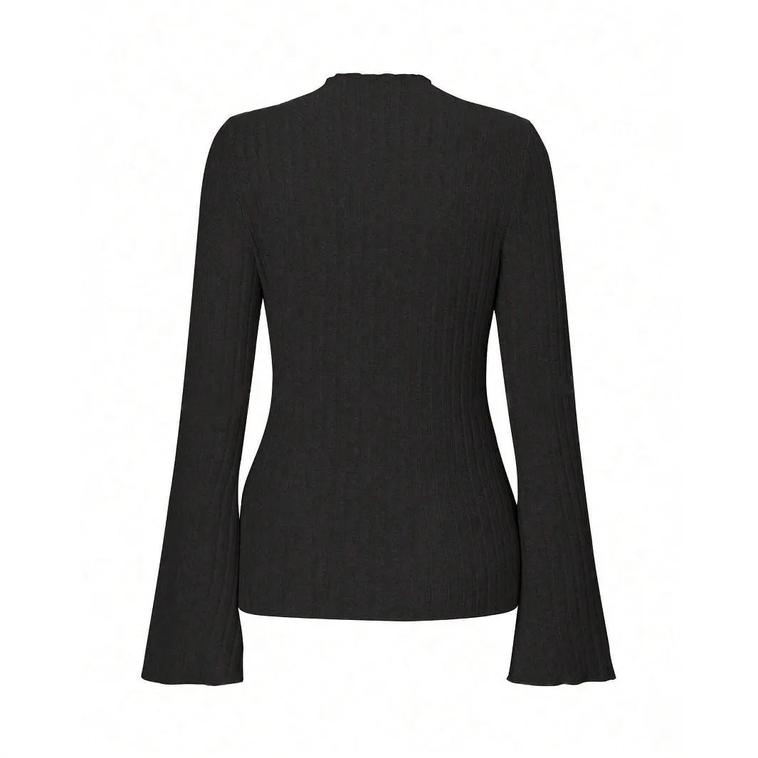 Long sleeve round neck top with lantern sleeves in black colour, slim fit design