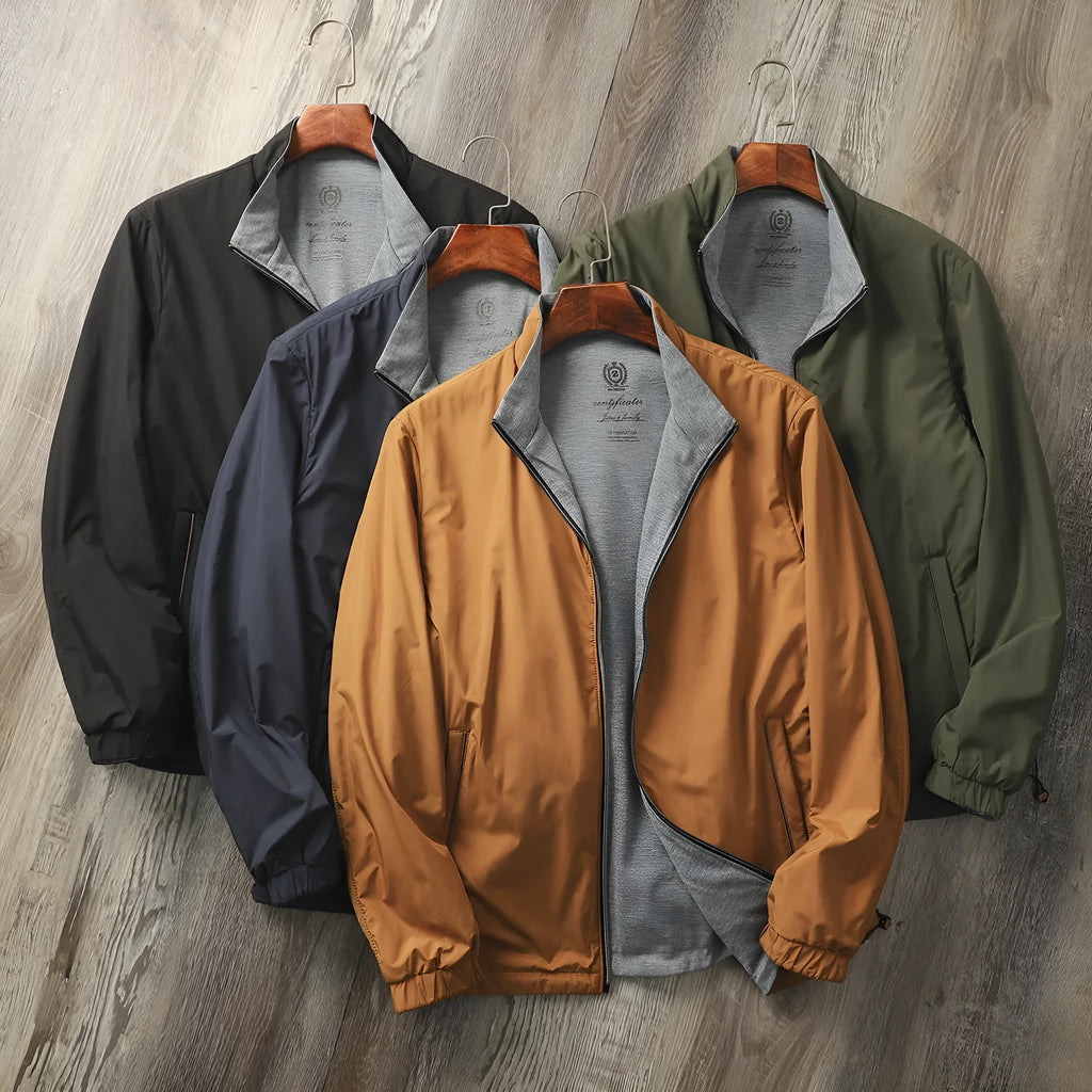 Men's simple stand collar jacket in army green colour, showing regular fit and sleeve design.