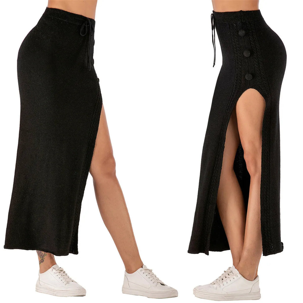 Slim-fit woolen midi skirt with split design and adjustable straps in black, pink, or grey