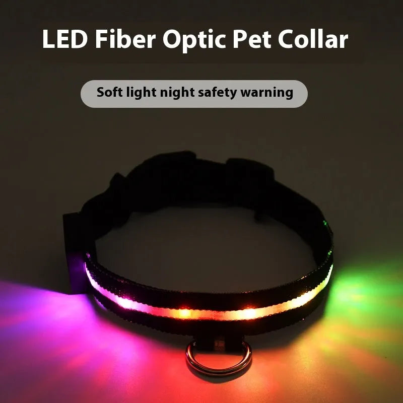 Black LED luminous dog collar with cartoon pattern and attached hand rope for walking