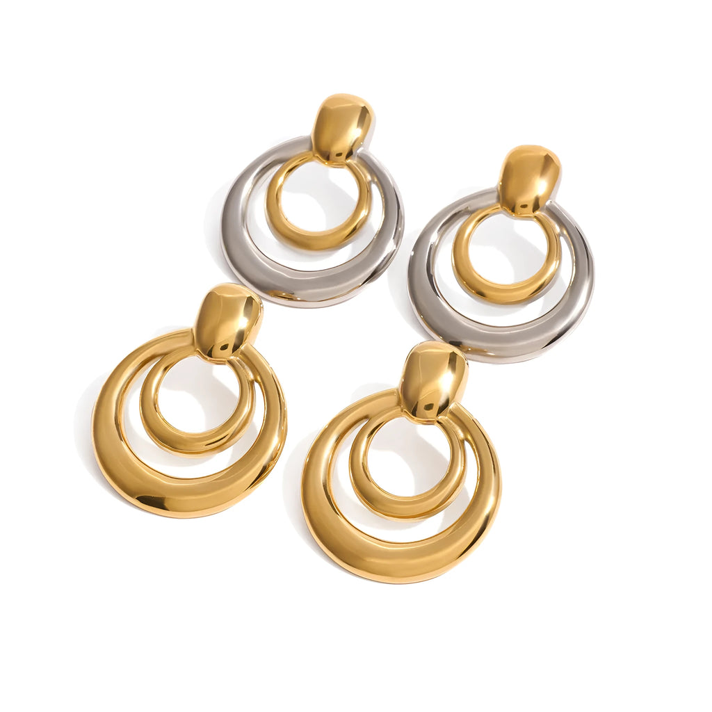 Round golden hollow stud earrings with double layer construction and 18K gold plating