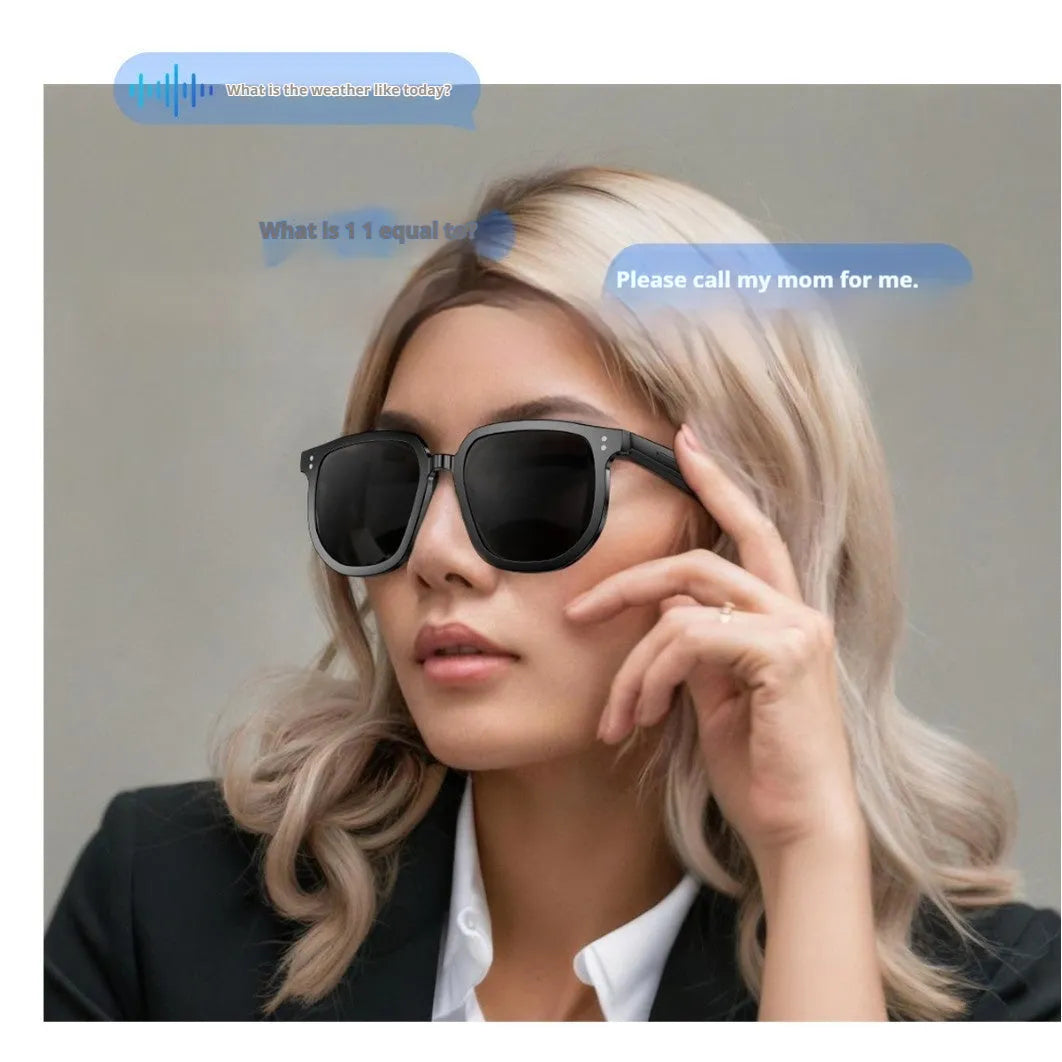 Black AI smart Bluetooth sunglasses with touch controls for hands-free calls and music.