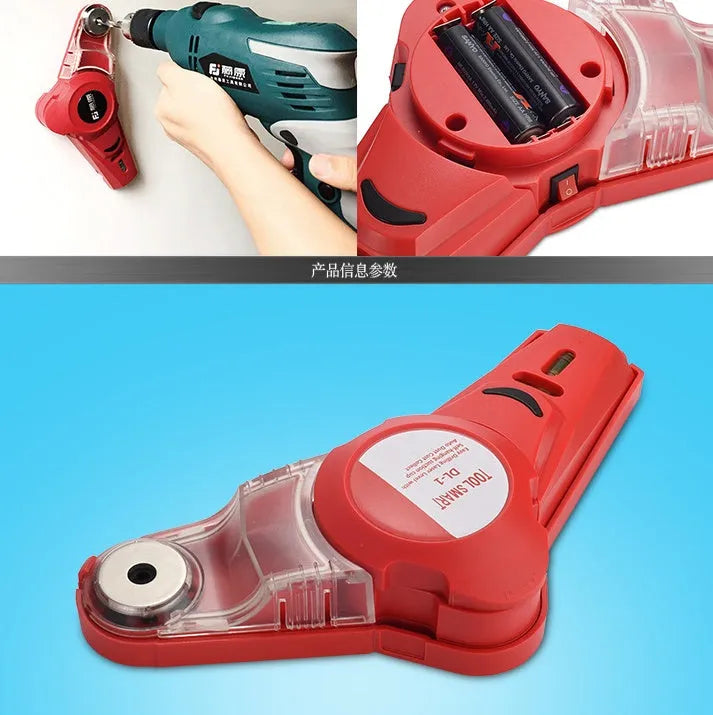 Red portable laser positioning level with punching features for woodworking and decoration tasks.