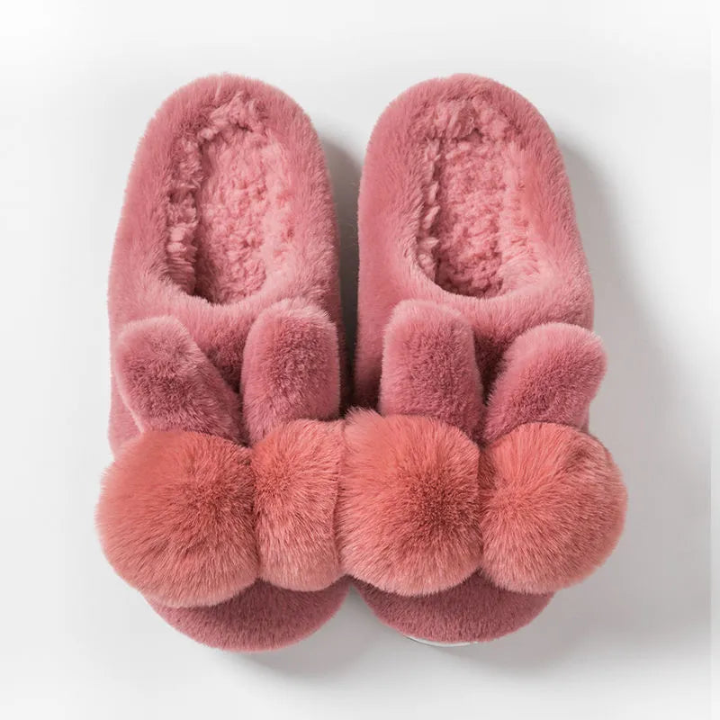 Women's fluffy bunny slippers with rabbit fur upper and decorative flowers in multiple colour options