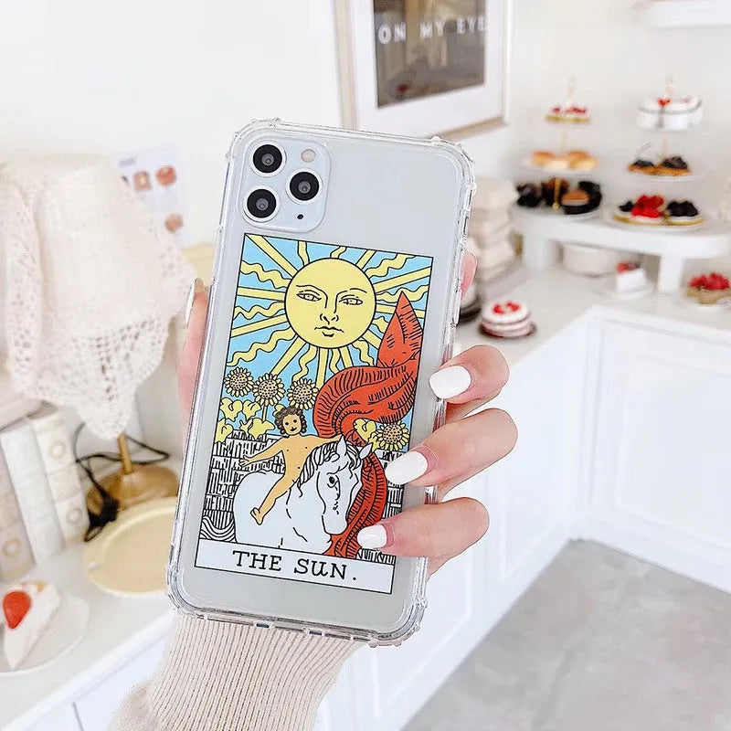 Creative Mythology Comic retro phone case for iPhone with sun and moon graffiti cartoon design.