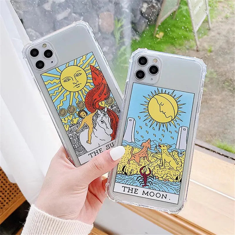 Creative Mythology Comic retro phone case for iPhone with sun and moon graffiti cartoon design.