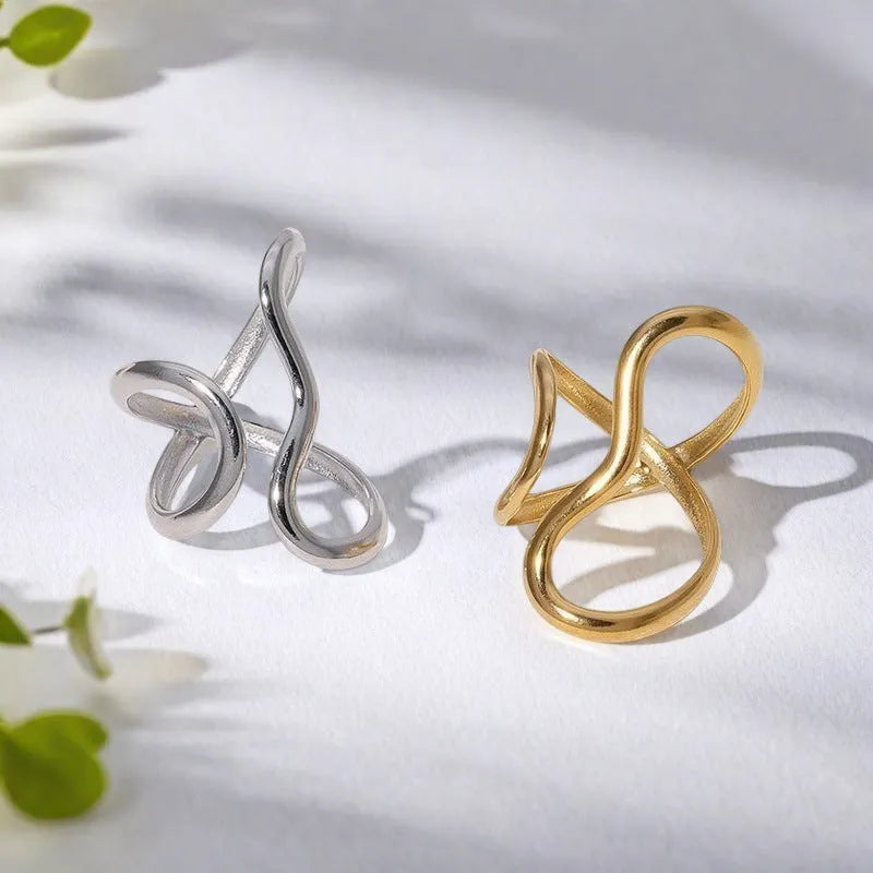 Minimalist irregular line open ring for women, zinc alloy, gold and silver electroplated finish, log-edge geometric style