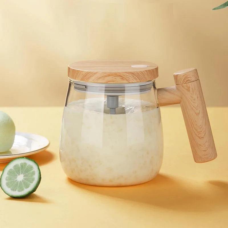 400ml self-stirring electric coffee mug with borosilicate glass and button mixing mechanism