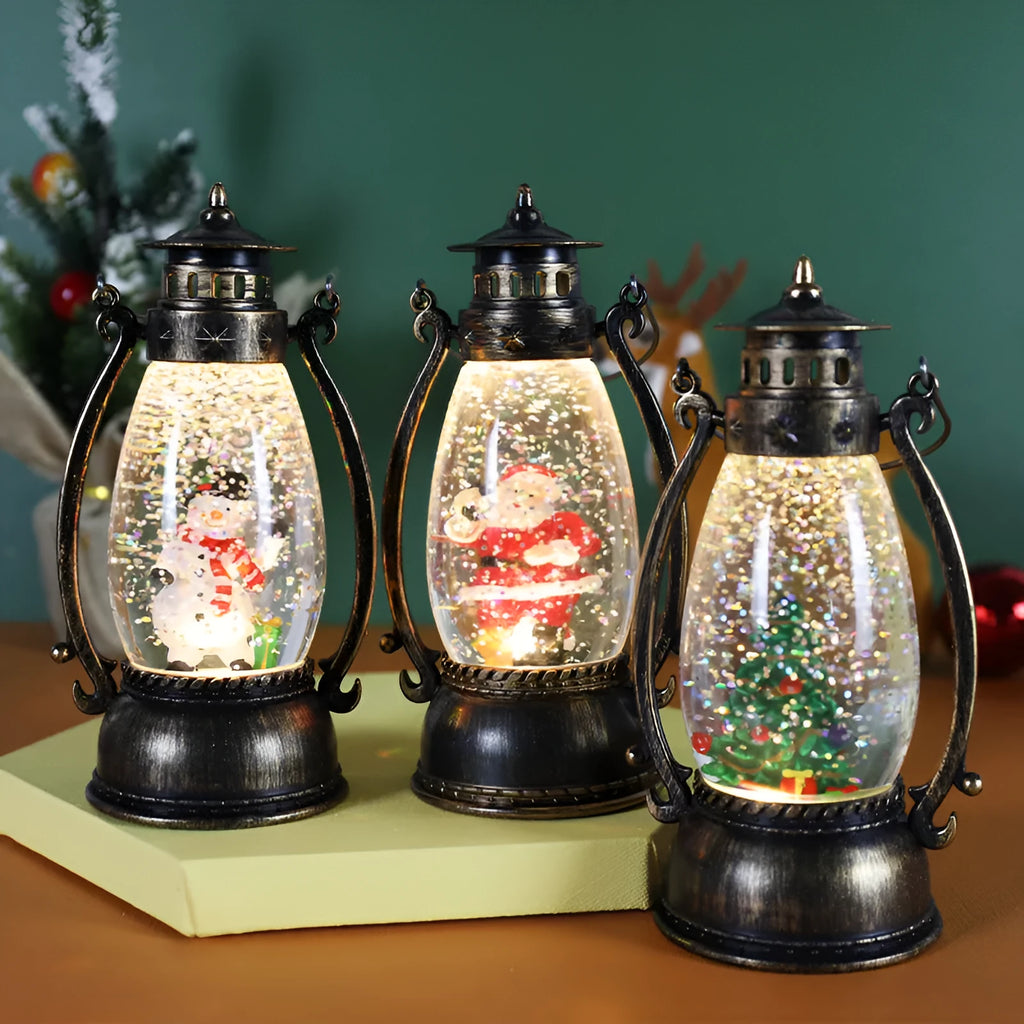 Crystal ball portable oil lamp Christmas decoration with light-emitting feature and snowman or elderly figure.