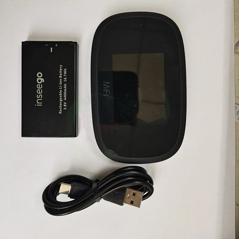 Black portable 4G WiFi router with dimensions 10x20x3cm for mobile internet access.