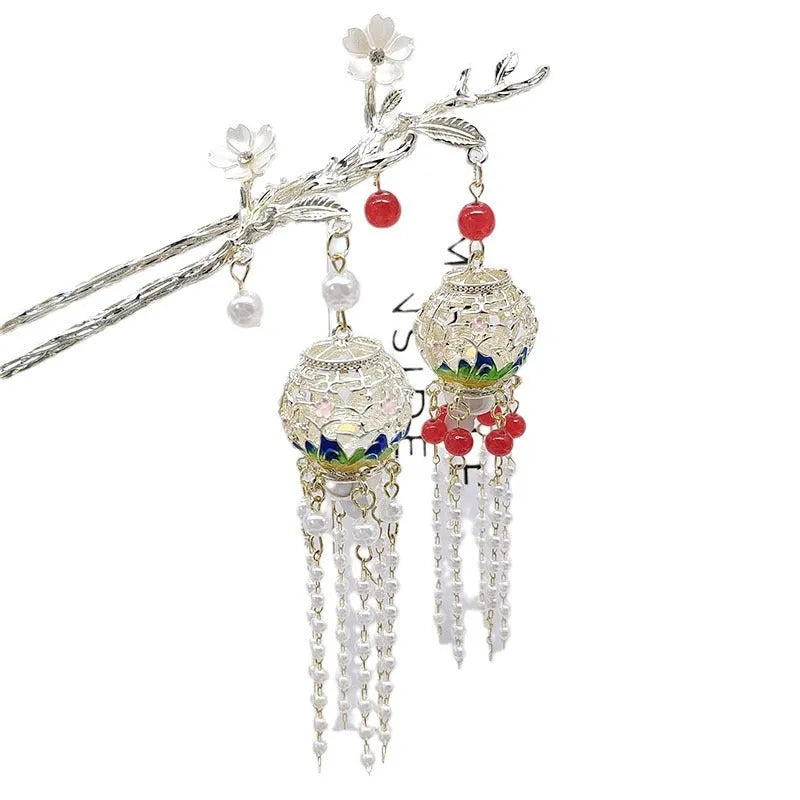 Retro alloy luminous hairpin with landscape lantern design in warm light colour