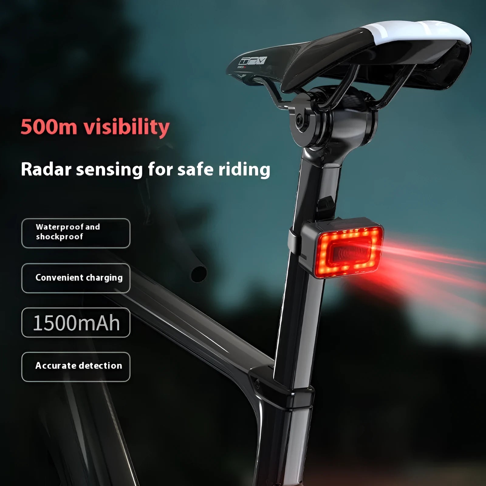 Smart millimetre wave radar bicycle taillight with double mounting bracket, showing TYPE-C charging port.
