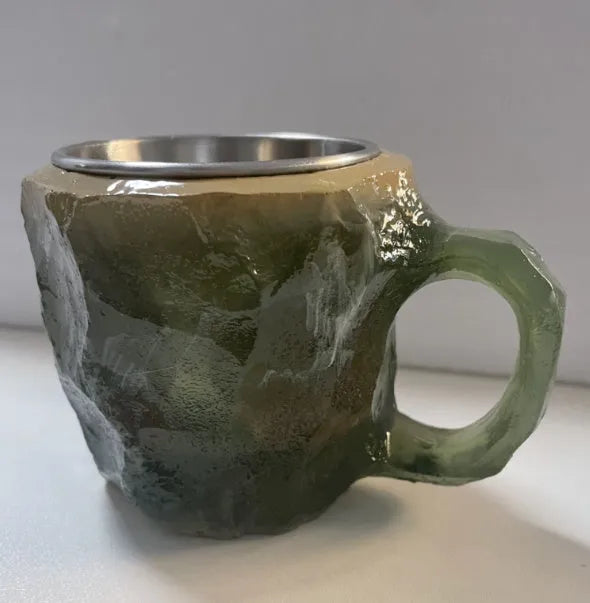 Purple resin mineral crystal coffee mug with handle showing 3D texture and 10cm height