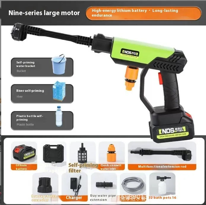Green wireless high-pressure water gun with metal nozzle and battery pack, shown with foam pot and extension hose accessories.