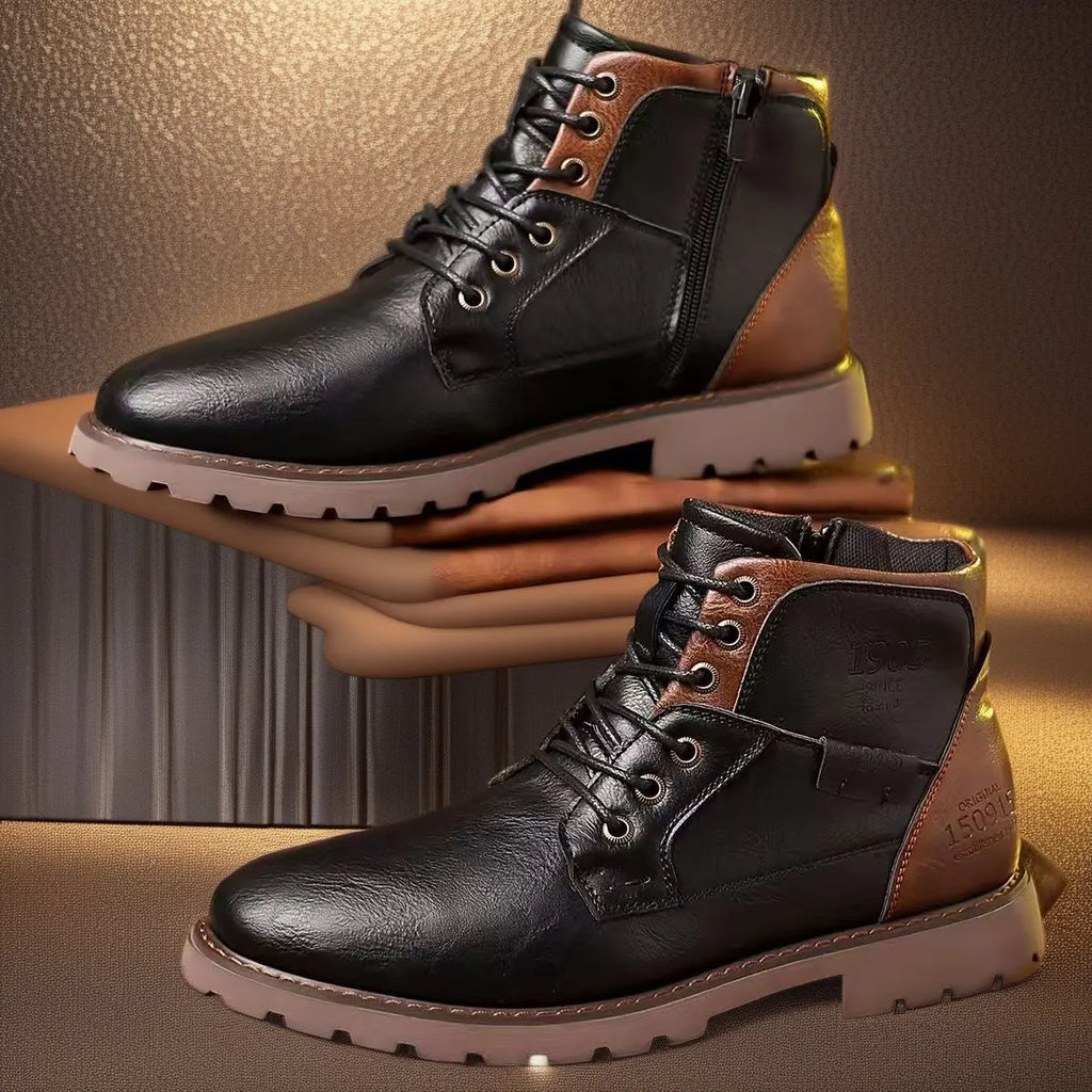 Men's brown and black side-zip Martin ankle boots with round toe and rubber soles