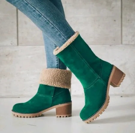 Women's suede mid-calf snow boots in multiple colours on a beef tendon sole