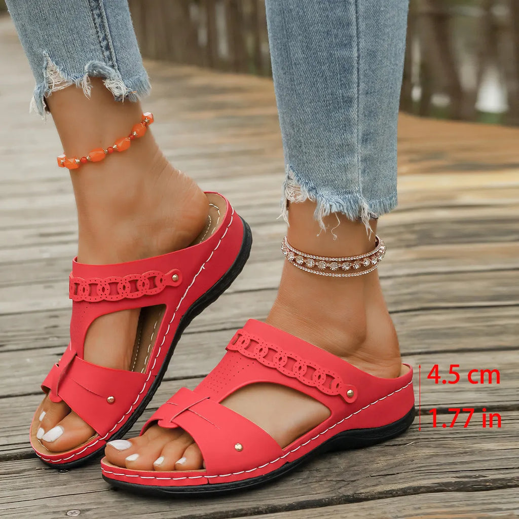 Slope heel Roman style slippers in multiple colours with fish mouth toe design