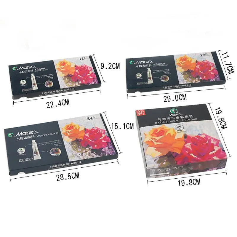 Boxed set of gouache paint tubes in 12, 18, or 24 colours with 5ml or 12ml tube sizes.