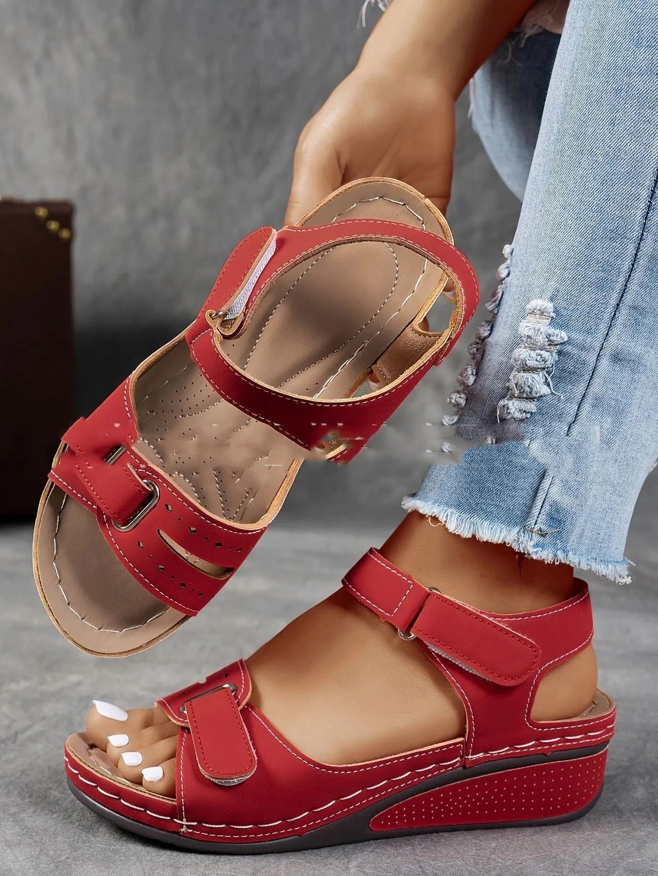 Beige plus size strap sandals with Velcro fastening and thick composite soles