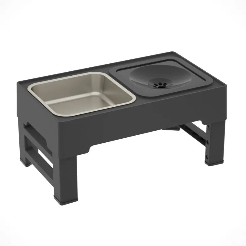 Adjustable height elevated dog feeding stand with stainless steel bowls in black