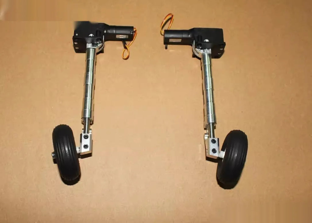 Alloy retractable shock-absorbing landing gear for toy electric aircraft with wheels.