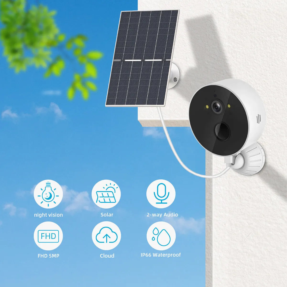 Solar-powered outdoor security camera with attached solar panel on a wall mount