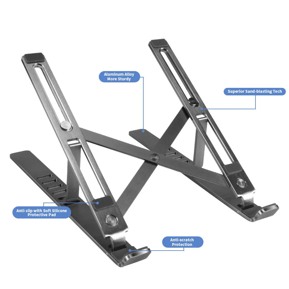 Aluminium alloy laptop stand with six height adjustment gears in black colour option