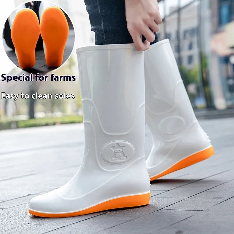 Men's white plastic rain boots with high tube waterproof design for outdoor labour protection
