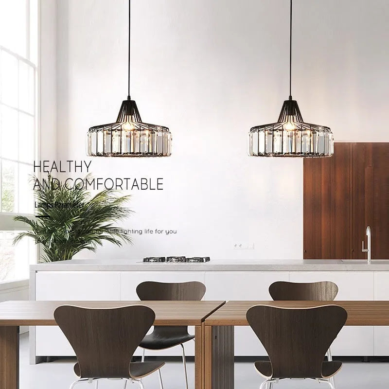 Modern crystal chandelier droplight with LED lights in black or gold finish, available in 18cm, 25cm, and 32cm sizes.