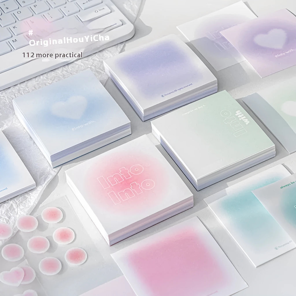 Square gradient parchment multifunctional notepad in blush, blue, green, or purple, 70mm by 70mm.