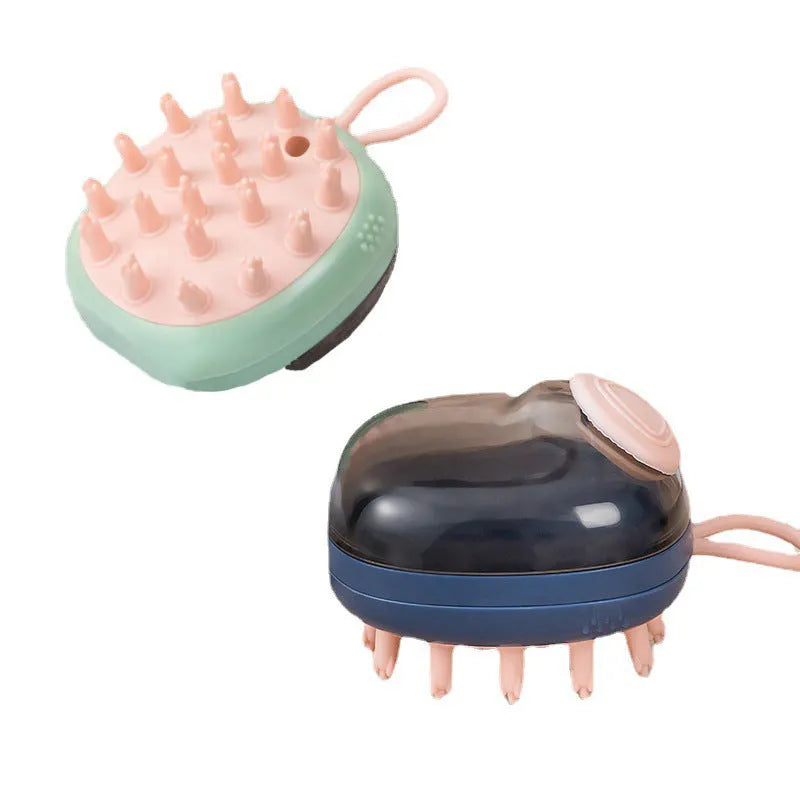 Blue and green pet grooming brush with shampoo dispenser and silicone massage bristles for dogs and cats