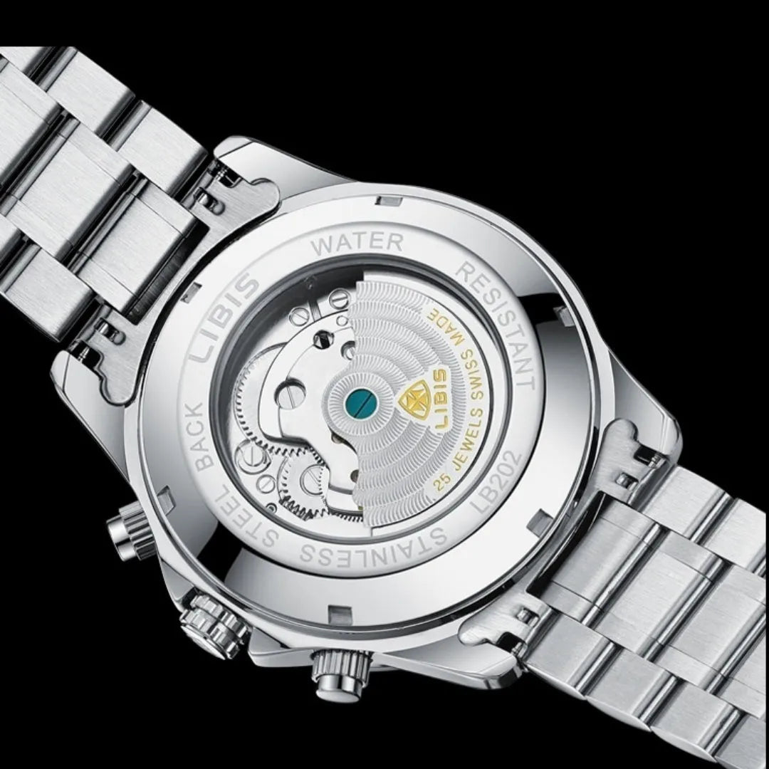 Silver men's automatic perpetual calendar mechanical watch with stainless steel strap