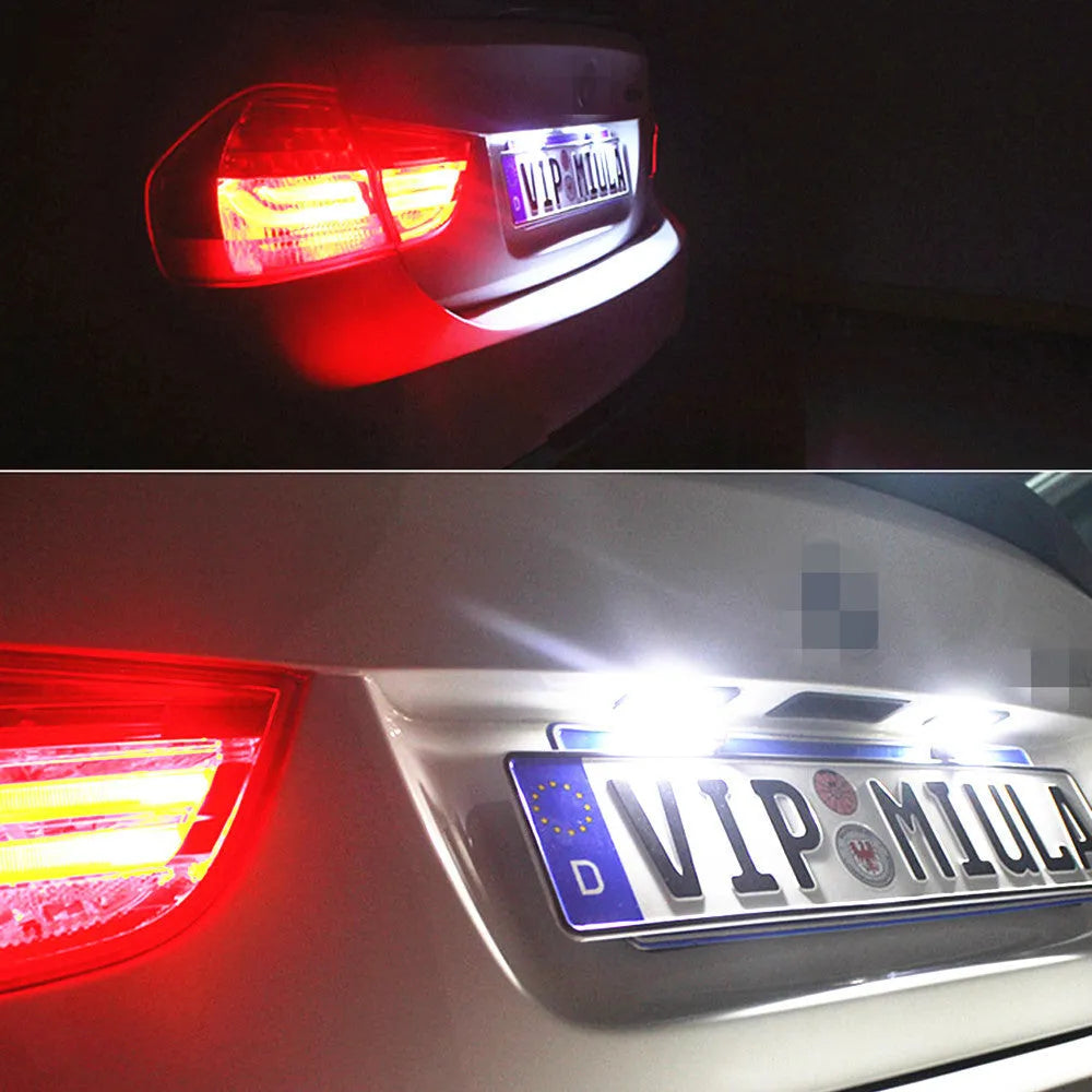 Two white LED licence plate light bulbs for Volkswagen Golf, Polo, and Phaeton models.