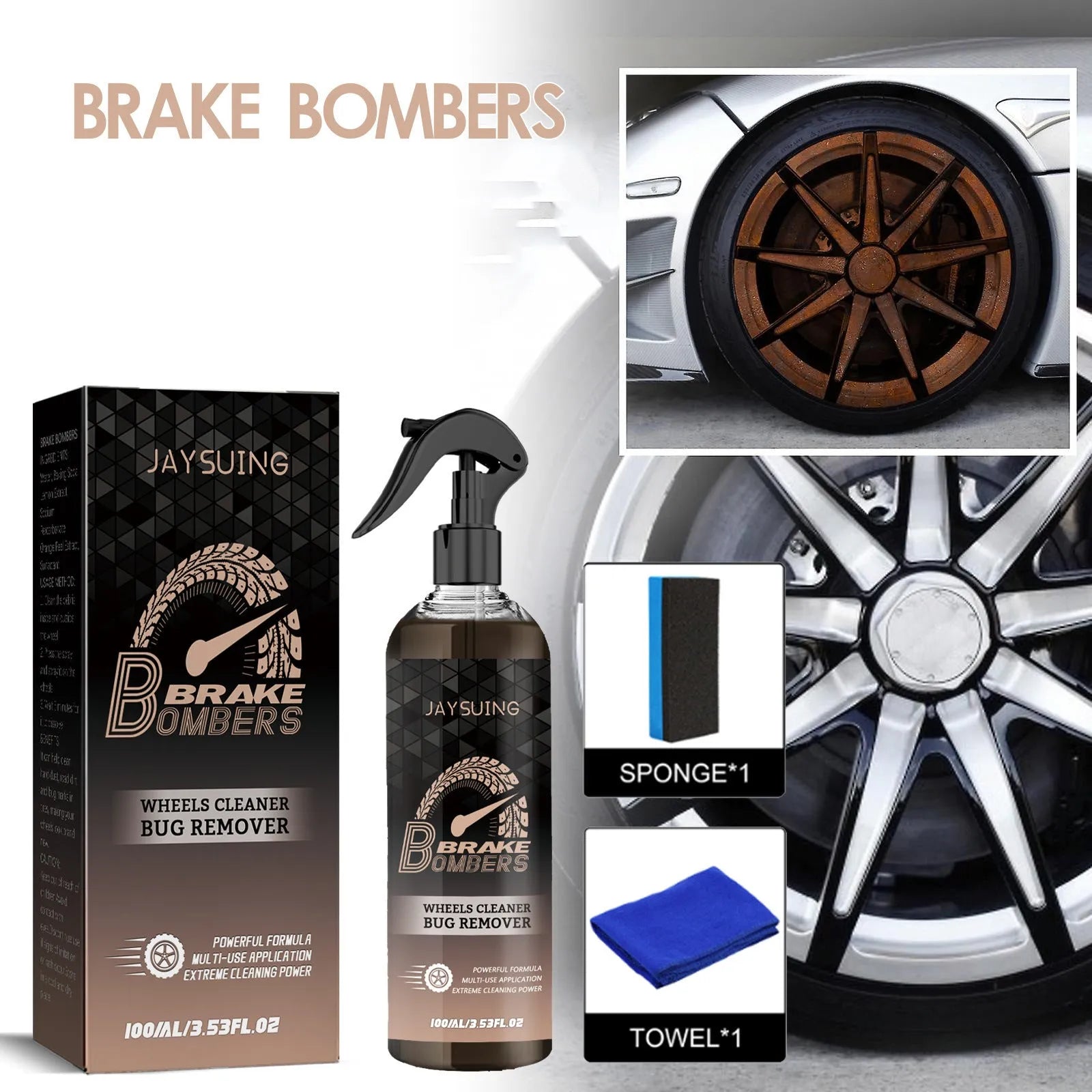 Car brake cleaner kit with 100ml bottle, applicator sponge, and cleaning cloth for brake disc maintenance