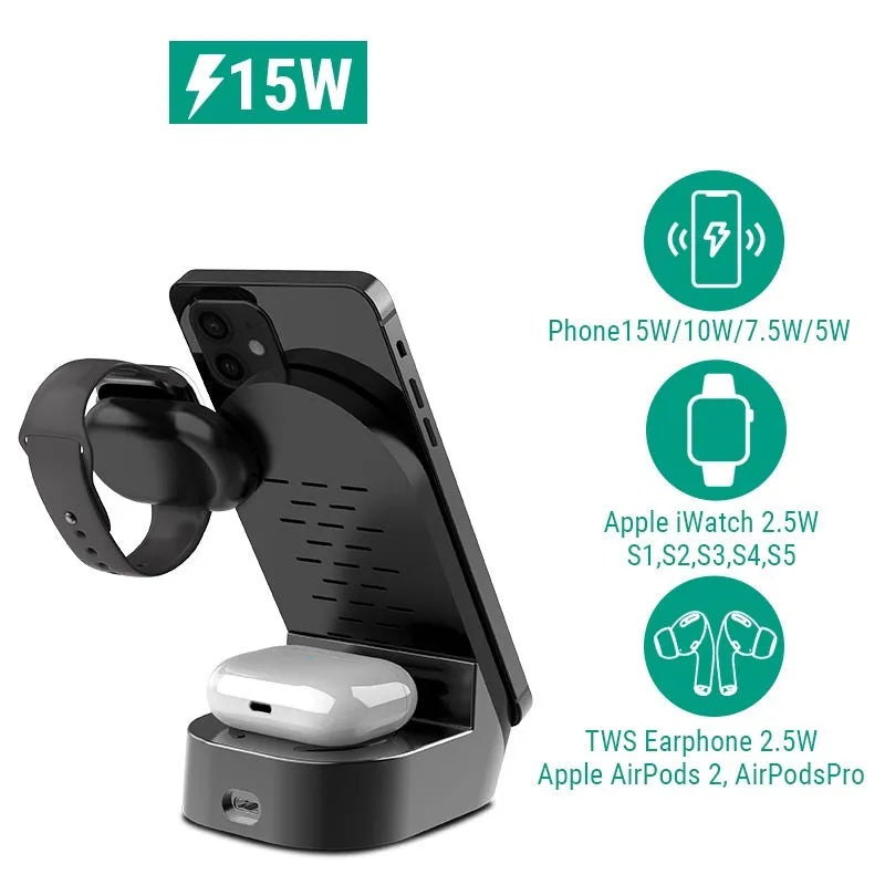 Black grey foldable 3-in-1 wireless charger stand for phone, watch, and earbuds.