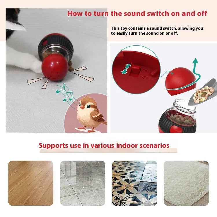 Rotating plastic cat toy ball in super ball colours with food-dispensing and sound features.