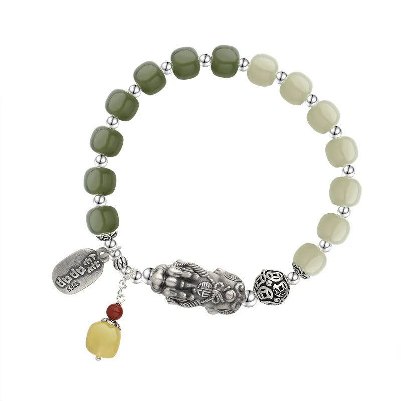 Pure silver coin bracelet with natural Hetian jade stones in retro women's design