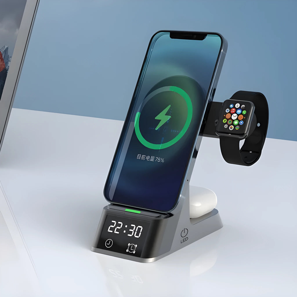 Black multifunctional wireless charging alarm clock with digital display and multiple charging ports.