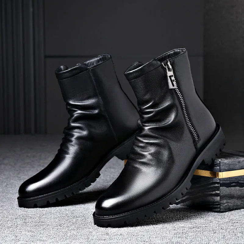 Men's high-top zipper Martin boots in black patent leather with low wedge heel rubber sole