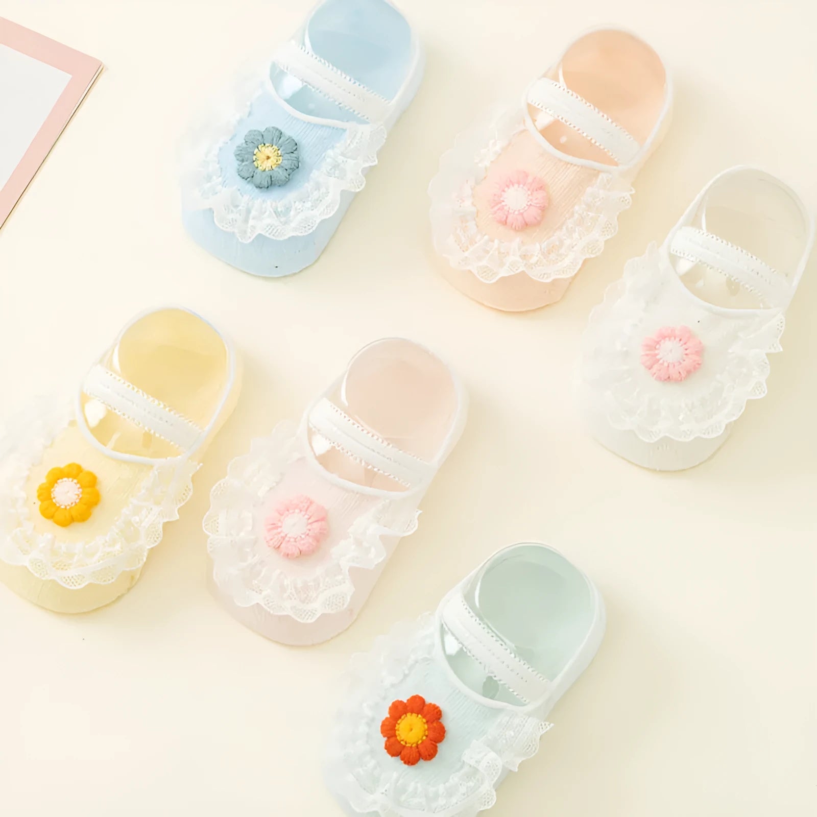 Light blue milky white thin cotton non-slip ankle socks for baby girls with lace trim