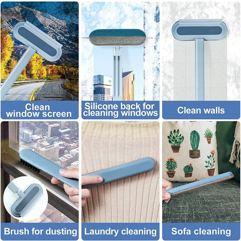 Multifunctional 4-in-1 cleaning brush with flannel head and extension handle for pet hair and screen cleaning.