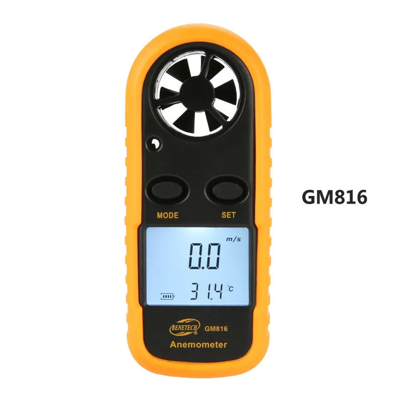 Orange digital portable wind speed measuring instrument anemometer showing compact 105x40x18mm size