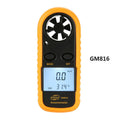 Orange digital portable wind speed measuring instrument anemometer showing compact 105x40x18mm size