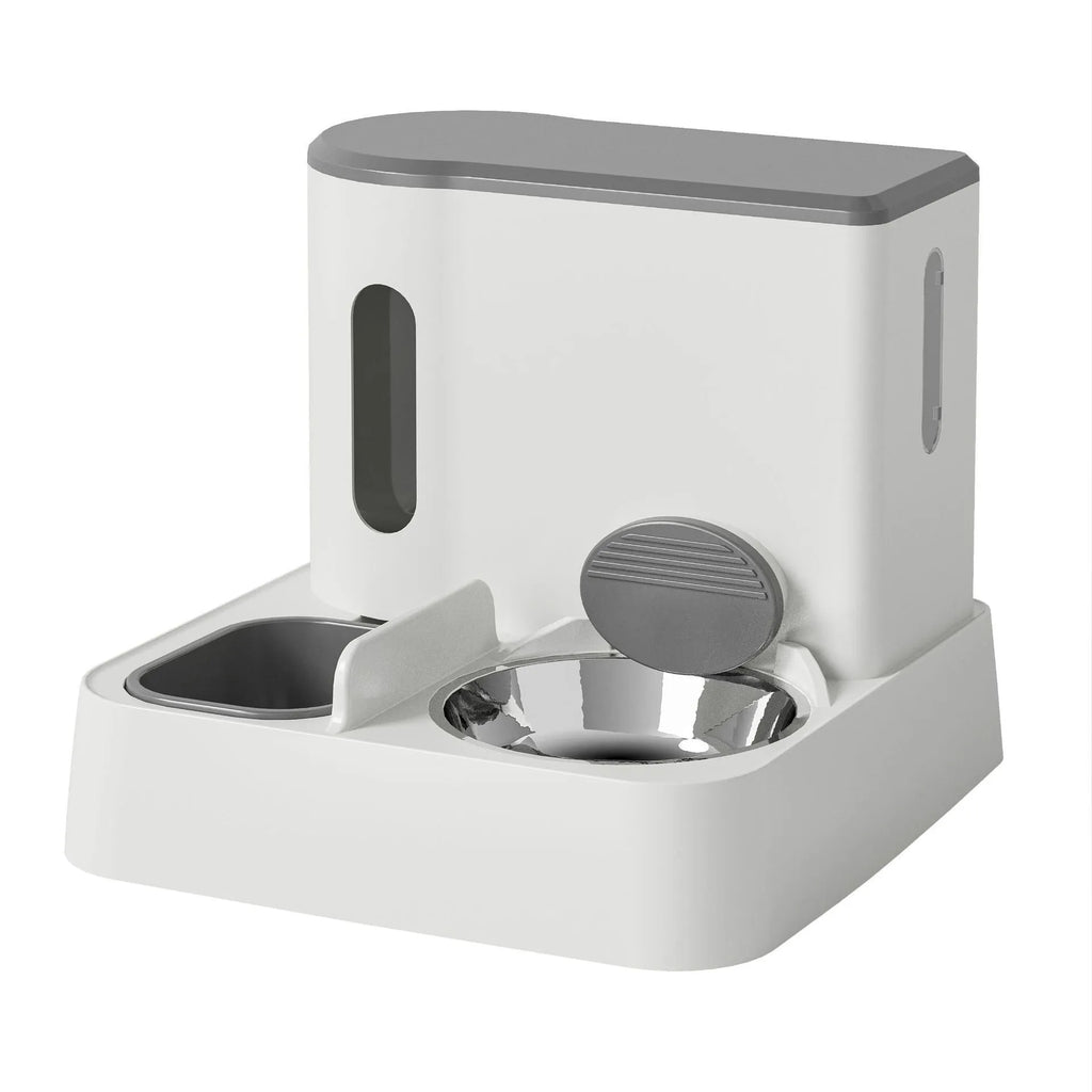 Cat automatic pet feeder water dispenser integrated double bowl station in grey colour