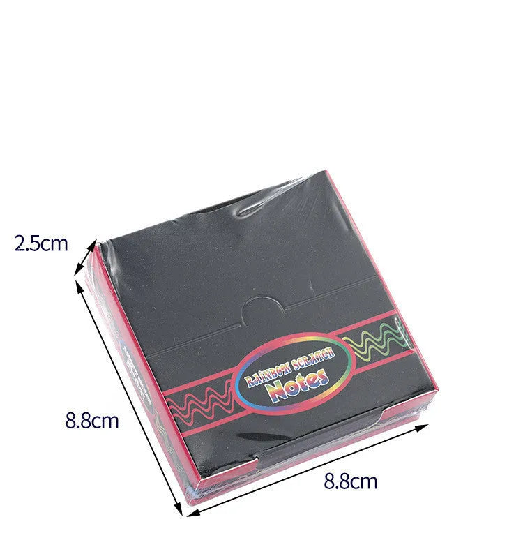 Colour box containing 100 black scratch art cards and a wooden stylus for kids' creative painting.