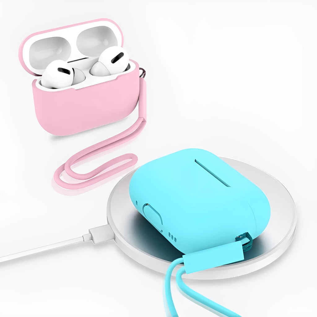 AirPods Pro 2 silicone protective case with lanyard attachment in various solid colours