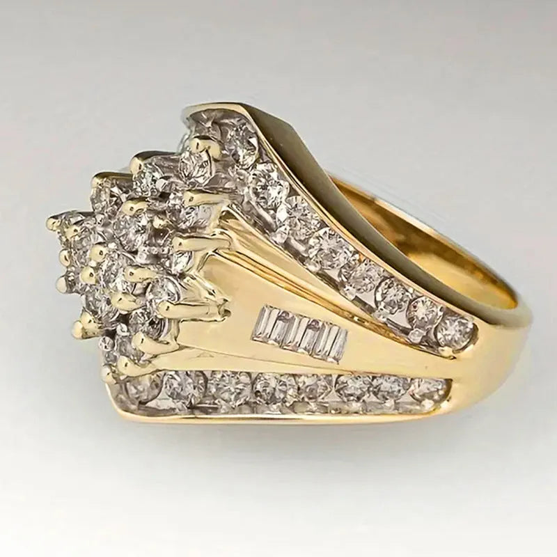 Gold-coloured copper electroplated ring with heavy industry and palace style geometric band design