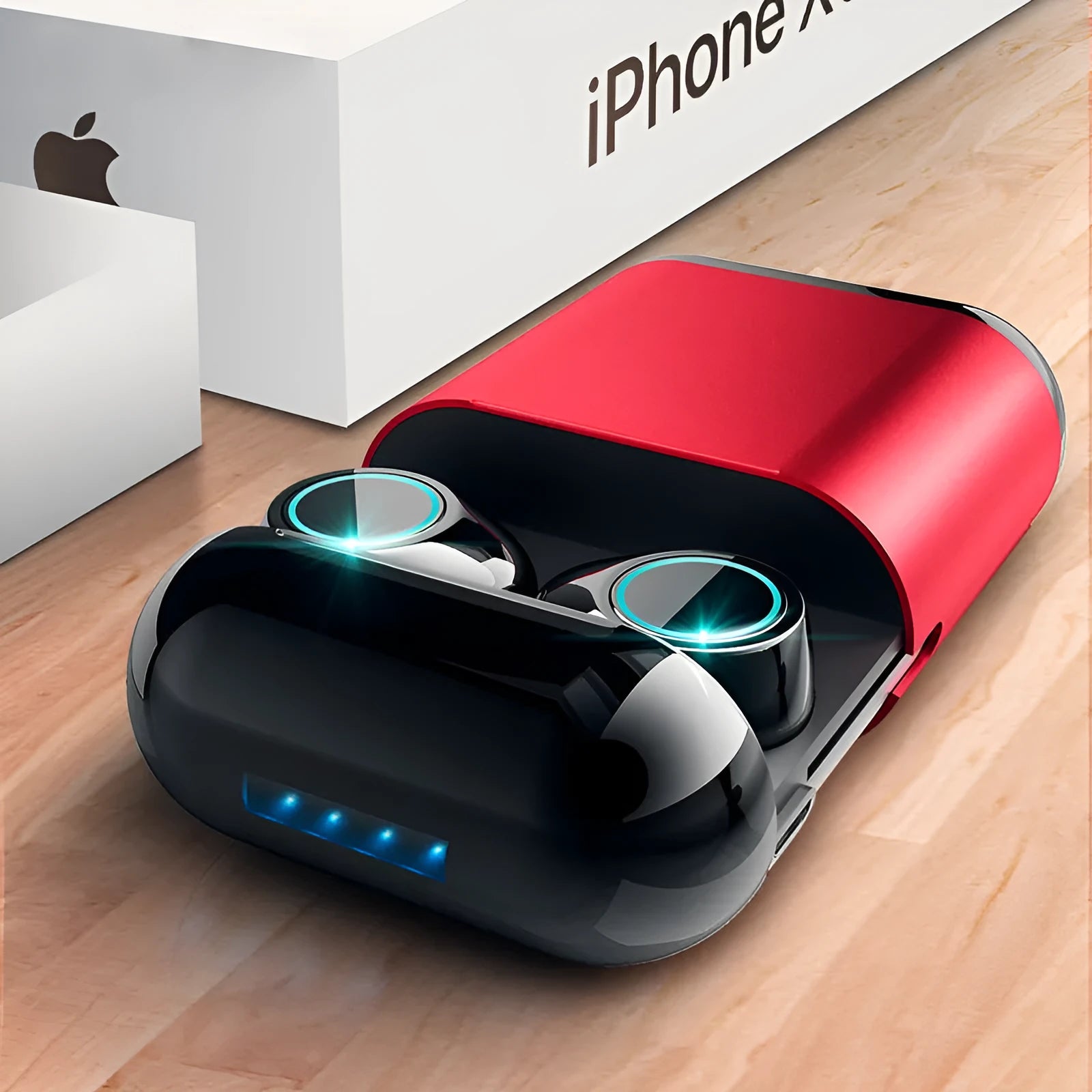 Black TWS wireless Bluetooth earplugs with charging case on a grey background