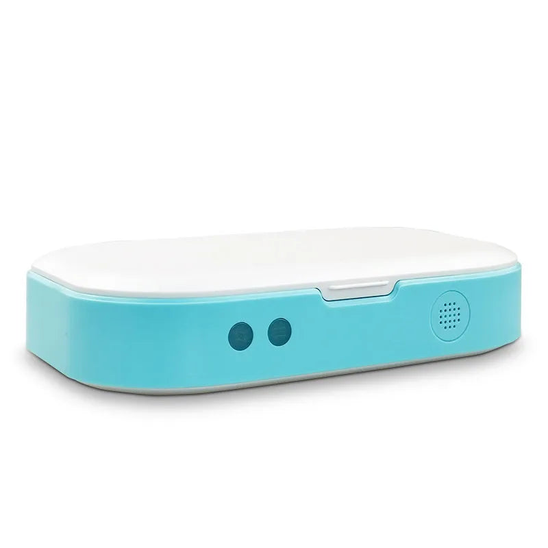 Blue UV steriliser box for mobile phones and small objects, with dual UV lamps and aromatherapy function