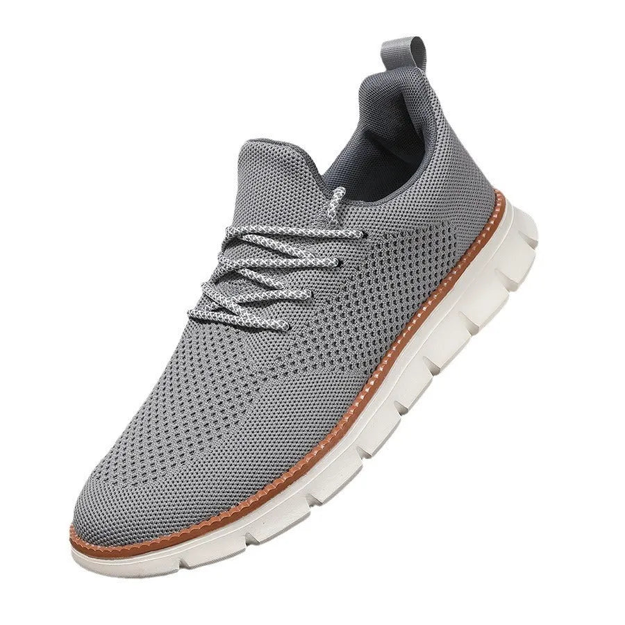 Men's grey and black casual sneakers with mesh fabric upper and round toe design